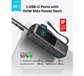 Slika izdelka: Anker Powerbank 25000 mAh z vgrajenim kablom USB-C, 165W, črn