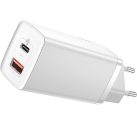 Slika izdelka: Hišni polnilec 100-240V => 1x USB-C in 1x USB-A 65W za mobilni telefon ali tablični računalnik Baseus GaN2 Lite PD3 + QC4 + SCP - bel (CCGAN2L-B02)
