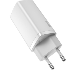 Slika izdelka: Hišni polnilec 100-240V => 1x USB-C in 1x USB-A 65W za mobilni telefon ali tablični računalnik Baseus GaN2 Lite PD3 + QC4 + SCP - bel (CCGAN2L-B02)