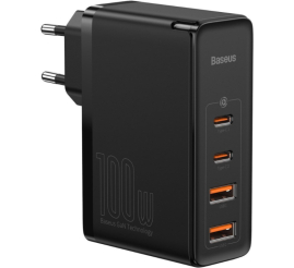 Slika izdelka: Hišni polnilec Baseus 100-240V => 2x USB-A 2x USB-C 100W GaN2 Lite PD3 QC4 SCP črn (CCGAN2L-E01) Baseus GaN2 Pro Quick Travel Charger 2x USB + 2x USB-C, 100W, EU (Black)
