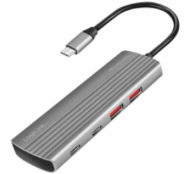 Slika izdelka: HUB USB-C => 2xUSB3.2 Gen2 tip A in 5xUSB-C3.2 Gen2 PD3.0 100W 10Gbps 20cm ALU ohišje space gray Logilink (UA0414)