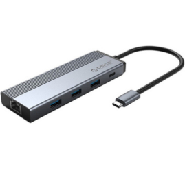 Slika izdelka: HUB USB-C => 3xUSB3.0 USB-C PD 100W RJ45 Orico (5SXRJ-GY-BP)
