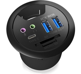 Slika izdelka: IcyBox IB-HUB1404A 2x USB 3.0 hub, 1x USB-C, audio 3,5mm priključki in čitalnik kartic za vgradnjo v mizo