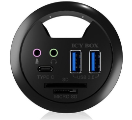 Slika izdelka: IcyBox IB-HUB1404A 2x USB 3.0 hub, 1x USB-C, audio 3,5mm priključki in čitalnik kartic za vgradnjo v mizo