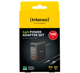 Slika izdelka: Intenso 140W GaN napajalnik s priključkom 3xUSB-C in 1xUSB-A ter priloženim 2M 200W USB-C kablom