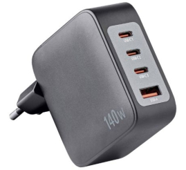 Slika izdelka: Intenso 140W GaN napajalnik s priključkom 3xUSB-C in 1xUSB-A ter priloženim 2M 200W USB-C kablom