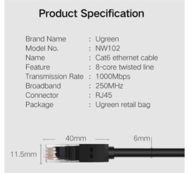 Slika izdelka: KABEL PATCH UTP Cat 6  40,00m  RJ45 1Gbit Ugreen (20169)