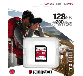 Slika izdelka: KINGSTON Canvas React Plus V60 SD 128GB Class10 UHS-II (SDR2V6/128GB) spominska kartica