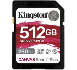 Slika izdelka: KINGSTON Canvas React Plus V60 SD 512GB Class10 UHS-II (SDR2V6/512GB) spominska kartica
