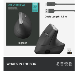 Slika izdelka: Miš brezžična + Bluetooth napredno ergonomska Logitech MX Vertical USB-C silent Unifying grafitna (910-005448) 