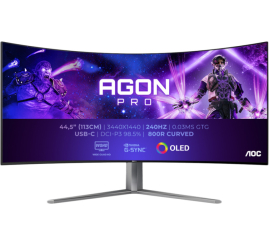 Slika izdelka: Monitor AOC 114,3 cm (45") AG456UCZD 3440x1440 Curved Gaming 240Hz OLED 0,03ms 2xHDMI DisplayPort USB-C 90W 4xUSB3.2 HAS Zvočniki 2x8W  3H DCI-P3-98,5% FreeSync Premium G-Sync Compatible HDR10 Agon