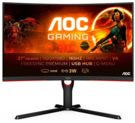 Slika izdelka: Monitor AOC 68,6 cm (27,0") C27G3U 1920x1080 Curved Gaming 165Hz VA 1ms 2xHDMI DisplayPort 4xUSB3.1 Zvočniki  sRGB118,9% FreeSync Premium G-Sync Compatible