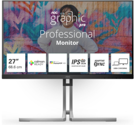 Slika izdelka: Monitor AOC 68,6 cm (27,0") Q27U3CV 2560x1440 Grafika 75Hz IPS 4ms HDMI DisplayPort USB-C 96W DP-Out 4xUSB3.2 USB-C-Out Pivot Zvočniki 2x3W  3H DCI-P3-98% AdaptiveSync RJ45 HDR400