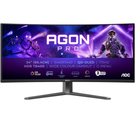 Slika izdelka: Monitor AOC 86,4 cm (34,0") AG346UCD 3440x1440 Curved Gaming 175Hz QD-OLED 0,03ms 2xHDMI DisplayPort 3xUSB3.2 HAS Zvočniki 2x8W  DCI-P3-99% AdaptiveSync FreeSync Premium Pro HDR400 Agon