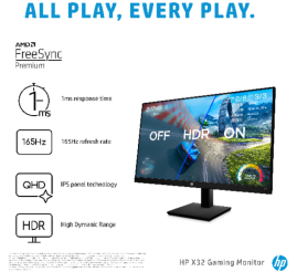 Slika izdelka: Monitor HP 80 cm (31,5") X32 2560x1440 Gaming 165Hz IPS 1ms HDMI DisplayPort HAS  3H sRGB99% FreeSync HDR400