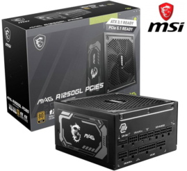 Slika izdelka: Napajalnik - 1250W MSI MAG A1250GL 80Plus Gold 90% ATX 3.1 (Gen5) Modular 120mm črna (306-7ZP9A11-CE0)