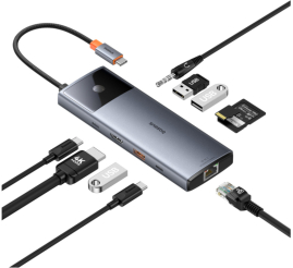 Slika izdelka: Priklopna postaja USB-C => 2x USB 2.0 (480Mbps) 1x USB 3.2 (10Gbps) 1x USB-C 3.1 (10Gbps) 1x HDMI 4K@60Hz USB-C PD 100W RJ45 3,5mm čitalec kartic TF/SD Baseus Metal Gleam II Series (B00061800813-00)  