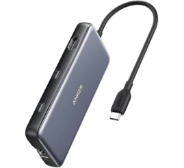 Slika izdelka: Priklopna postaja USB-C => 2x USB 3.2 tip A 1x USB-C PD 100W 1x USB-C 10 Gbps 1x HDMI 4K@60Hz 1x RJ45 Giga 1x čitalec kartic SD/microSD Anker 555 (A83830A2)