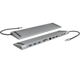 Slika izdelka: Priklopna postaja USB-C => 3x USB 3.0 tip A USB-C PD 100W 2x HDMI VGA RJ45 11 izhodov srebrn LogiLink (UA0373)