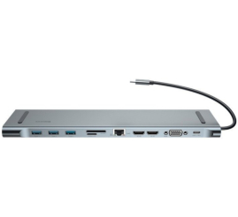 Slika izdelka: Priklopna postaja USB-C => 3x USB 3.0 tip A USB-C PD 60W 2x HDMI VGA microSD/SD/MMC RJ45 AUX Baseus Enjoyment Series srebrn (CATSX-G0G) 
