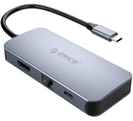 Slika izdelka: Priklopna postaja USB-C => 3x USB 3.0 tip A 1x HDMI 4K@30Hz 1x RJ45 1x USB-C PD 100W Orico (MC-U602P-GY-BP)