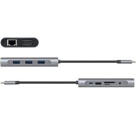 Slika izdelka: Priklopna postaja USB-C => 3x USB tip A 1xUSB-C PD 100W 1x HDMI 1x VGA1x RJ45 1x 3,5mm avdio 1x čitalec kartic SD/microSD LogiLink (UA0383) EOLS-P