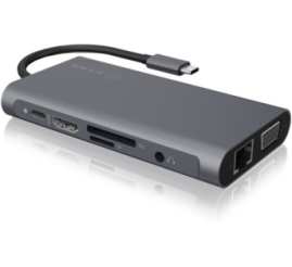 Slika izdelka: Priklopna postaja USB-C => 3x USB tip A 1xUSB-C PD 100W 1x HDMI 1x VGA 1x RJ45 1x 3,5mm avdio 1x čitalec kartic SD/microSD Icybox (IB-DK4040-CPD)