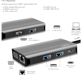 Slika izdelka: Priklopna postaja USB-C =>  3xUSB 3.0 tip A 1xUSB-C PD 100W 1xHDMI 1xVGA 1xRJ45 srebrn LogiLink (UA0410)