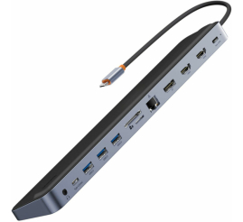 Slika izdelka: Priklopna postaja USB-C => BASEUS EliteJoy Gen2 2xHDMI 1xDisplayPort 3xUSB USB-C 100W RJ45 Čitalec kartic (WKSX030213)