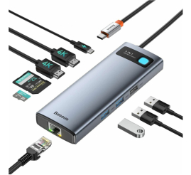 Slika izdelka: Priklopna postaja USB-C => BASEUS Metal Gleam Series 9v1 2x HDMI 2xUSB3.0 1xUSB2.0 USB-C 100W 1xRJ45 čitalec kartic SD/microSD/TF (WKWG060013)