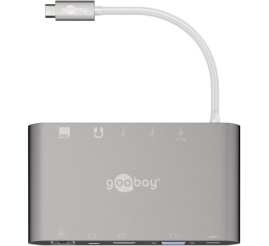 Slika izdelka: Priklopna postaja USB-C => Goobay 1xHDMI 1xMiniDisplayPort VGA 3xUSB3.0 1xUSB-C PD 60W 1xLAN 1x3,5mm čitalec kartic SD/microSD (62113)