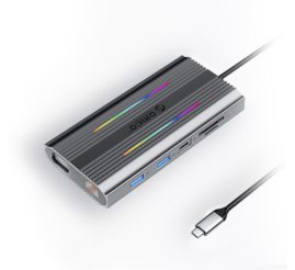 Slika izdelka: Priklopna postaja USB-C => Orico XDR-X2 1xHDMI 1.4 1xVGA 3xUSB3.1 1xUSB2.0 USB-C 100W 1xRJ45 čitalec kartic SD/microSD/TF 1x3,5mm (XDR-X2-GY-BP)