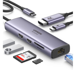 Slika izdelka: Priklopna postaja USB-C => Ugreen 1xHDMI 2xUSB3.0 USB-C 100W RJ45 čitalec kartic SD/microSD/TF (15531)