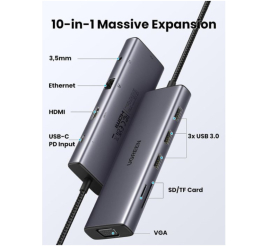 Slika izdelka: Priklopna postaja USB-C => Ugreen 3x USB 3.0 tip A 1x HDMI 4K@30Hz 1x VGA 1x RJ45 1x 3,5 1x USB-C PD 100W čitalec kartic (15601)
