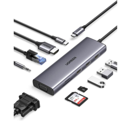 Slika izdelka: Priklopna postaja USB-C => Ugreen 3x USB 3.0 tip A 1x HDMI 4K@30Hz 1x VGA 1x RJ45 1x 3,5 1x USB-C PD 100W čitalec kartic (15601)