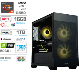 Slika izdelka: Računalnik MEGA MT S7X R5-5600X/RTX5060Ti-16GB/16GB/1TB-4.0/750W/Brez OS/črna RGB + Estetski napajalni kabli [Rumena / Črna]