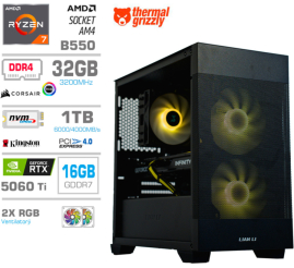 Slika izdelka: Računalnik MEGA MT S7X R7-5700X/RTX5060Ti-16GB/32GB/1TB-4.0/750W/Brez OS/črna RGB + Estetski napajalni kabli [Svetlo modra / Črna]
