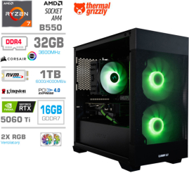 Slika izdelka: Računalnik MEGA MT S7X R7-5800X/RTX5060Ti-16GB/32GB/1TB-4.0/750W/Brez OS/črna RGB + Estetski napajalni kabli [Zelena / Črna]
