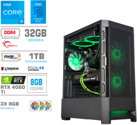 Slika izdelka: Računalnik MEGA MT S8 i5-13400/RTX4060Ti/32GB/1TB-4.0/750W/Brez OS/črna RGB + Estetski napajalni kabli [Zelena / Črna]