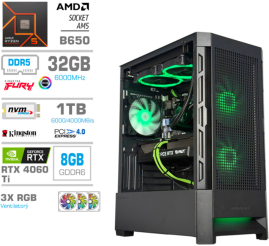Slika izdelka: Računalnik MEGA MT S8 R5-7600X/RTX4060Ti/32GB-DDR5/1TB-4.0/750W/Brez OS/črna RGB + Estetski napajalni kabli [Zelena / Črna]