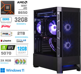 Slika izdelka: Računalnik MEGA MT S8 R5-9600X/RTX5070/32GB-DDR5/2TB-4.0/750W/Win11Home/črna RGB + Estetski napajalni kabli [Vijolična/ Črna]