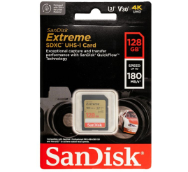 Slika izdelka: SanDisk Extreme 128GB SDXC spominska kartica + 1 leto RescuePRO Deluxe do180MB/s & 90MB/s branje/zap