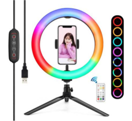 Slika izdelka: Selfie LED svetlobni obroč Puluz za pametni telefon s stojalom 26cm RGBW (PKT3082B)