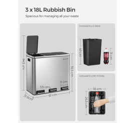 Slika izdelka: SONGMICS koš za ločevanje odpadkov 3x 18L srebrno črn, LTB54NL