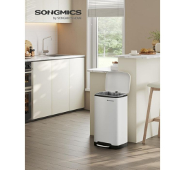 Slika izdelka: SONGMICS kovinski pedalni koš za odpadke, 30 litrov, z mehkim zapiranjem in notranjim vedrom, bela barva