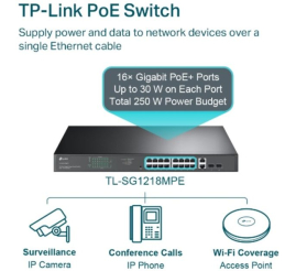 Slika izdelka: TP-LINK stikalo 18-port Gigabit stikalo z 16-Port PoE+ port