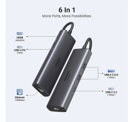 Slika izdelka: Ugreen 6-v-1 USB-C Hub (100 W PD vhod, 4K@30Hz HDMI)