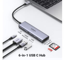 Slika izdelka: Ugreen 6v1 USB-C HUB 4K HDMI+čitalec kartic+2xUSB+PD 100W