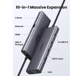 Slika izdelka: UGREEN USB C Hub, 10-v-1 USB-C z dvojnim izhodom za zaslon 4K HDMI & VGA, 100W PD